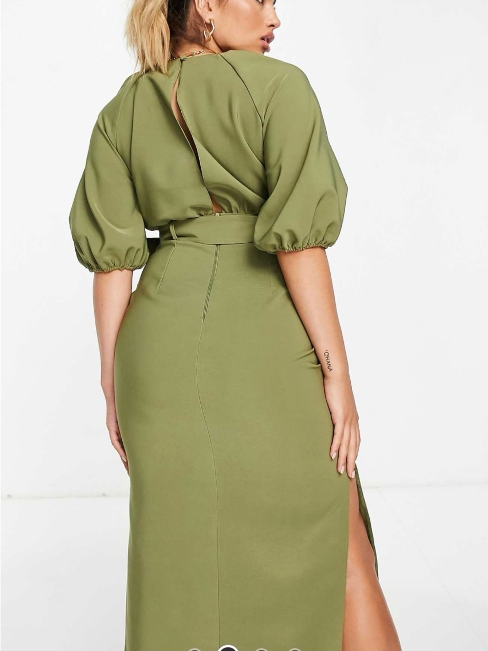 ASOS Design Puff Sleeve Belted Midi Dress with Button down Front - Picture 2 of 7
